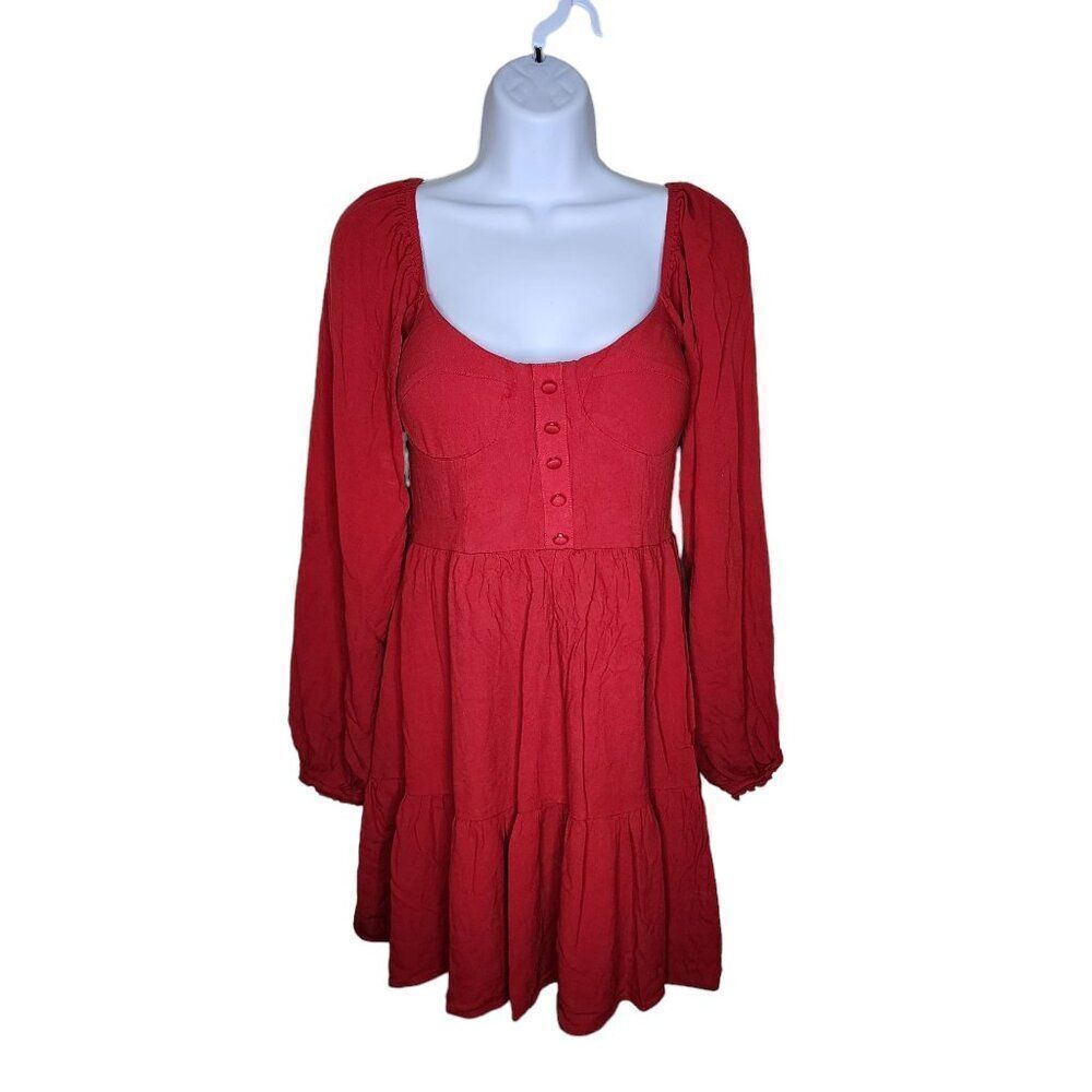 Long Sleeve Empire Waist Ruffle Hem Milkmaid Dress Womens Size M Red